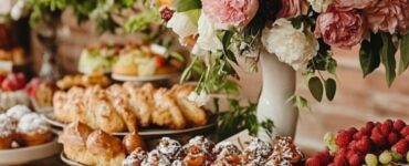 A beautifully arranged wedding brunch spread featuring pastries, fresh fruit, and elegant table decor with floral centerpieces.