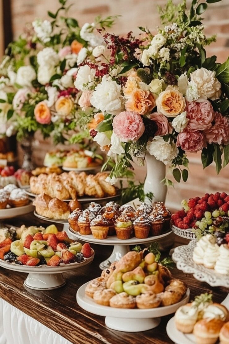 A beautifully arranged wedding brunch spread featuring pastries, fresh fruit, and elegant table decor with floral centerpieces.