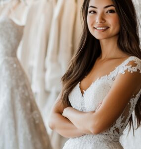 An excited bride-to-be stands in a bridal salon, surrounded by elegant wedding gowns on display, preparing for her wedding dress shopping experience.