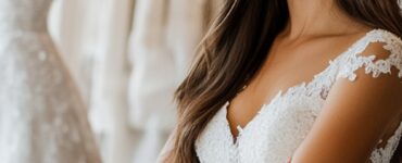 An excited bride-to-be stands in a bridal salon, surrounded by elegant wedding gowns on display, preparing for her wedding dress shopping experience.