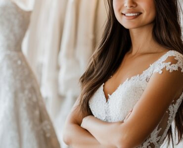 An excited bride-to-be stands in a bridal salon, surrounded by elegant wedding gowns on display, preparing for her wedding dress shopping experience.