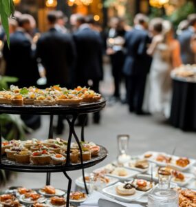An elegant cocktail hour setup with small hors d’oeuvres being passed around and guests mingling in a beautifully decorated venue.