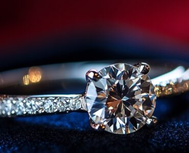 Close-up of a sparkling diamond engagement ring resting on a velvet box, symbolizing love and commitment.