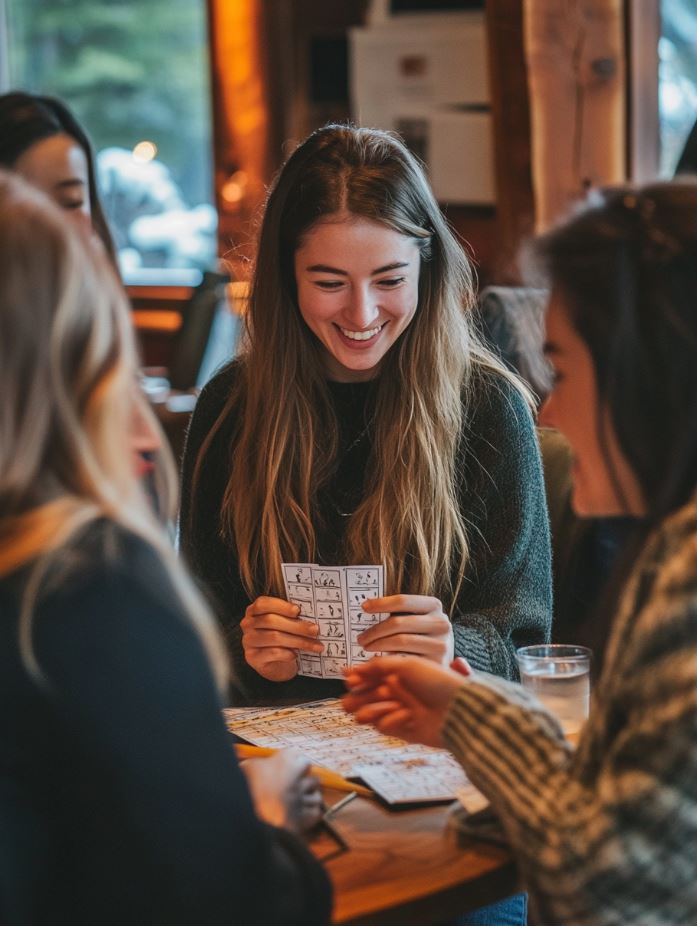 A group of women holding bingo-style cards, mingling and signing off descriptions that match fellow guests, smiling and chatting as they complete their game sheets.