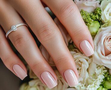 Close-up of a bride’s hands with freshly manicured nails resting on her wedding bouquet, showcasing soft pink nail polish with a glossy finish.