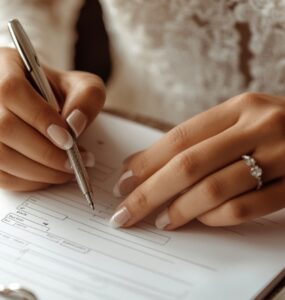 A close-up of a bride's hands holding a wedding planning checklist with a pen, ready to organize a wedding in a short timeframe.