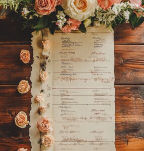 A beautifully arranged wedding timeline graphic showcasing month-by-month milestones for planning the perfect wedding.