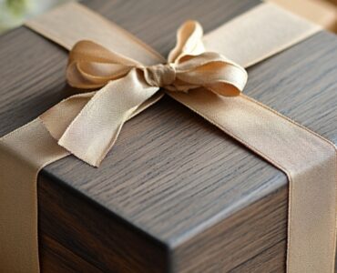 A beautifully wrapped gift box with a wooden theme, symbolizing a traditional five-year wedding anniversary gift.