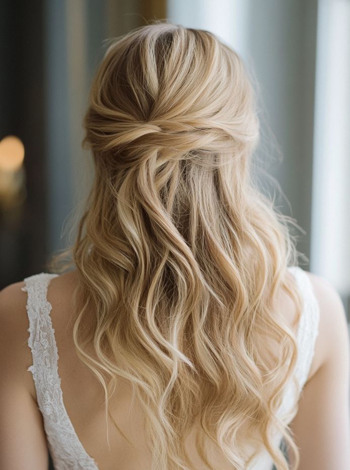 A bride with beachy, tousled waves that create a relaxed, natural bridal hairstyle, giving an effortlessly chic and casual wedding vibe.