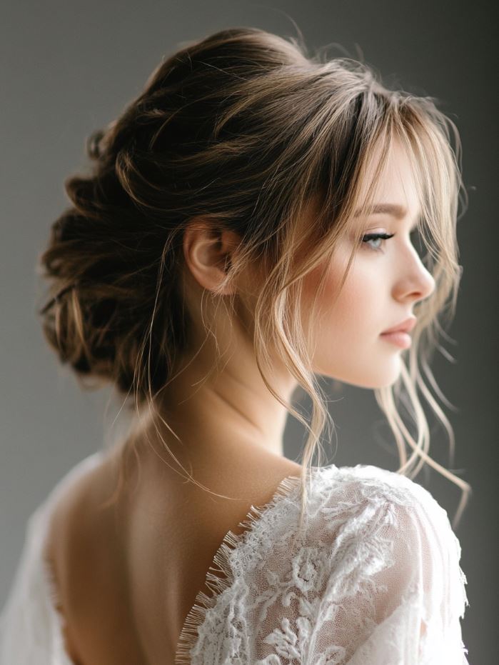 A bride with a messy updo, featuring soft, loose strands and textured bun, offering an elegant yet romantic wedding hairstyle.