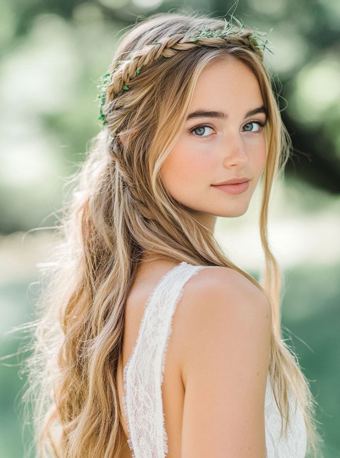 A bride wearing a bohemian braid crown that encircles the head, paired with soft waves for an ethereal and romantic wedding hairstyle.