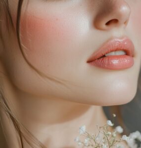 A close-up of a bridesmaid with soft pink eyeshadow, rosy blush, and a nude lip, complementing her elegant dress and glowing skin.