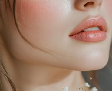 A close-up of a bridesmaid with soft pink eyeshadow, rosy blush, and a nude lip, complementing her elegant dress and glowing skin.