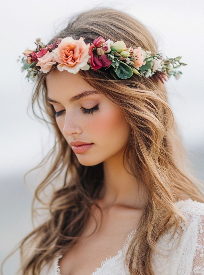 A bride wearing a beautiful flower crown with her messy, loose waves, capturing a romantic and bohemian wedding look.