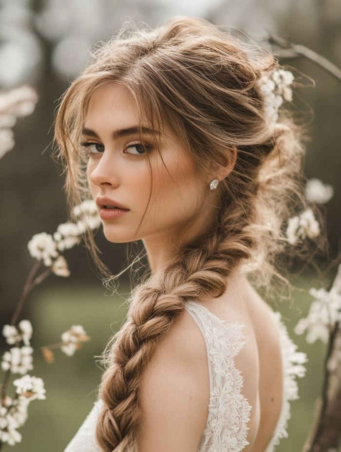 A bride with a beautiful messy braid, with loose strands framing her face, creating a whimsical and ethereal bridal look.