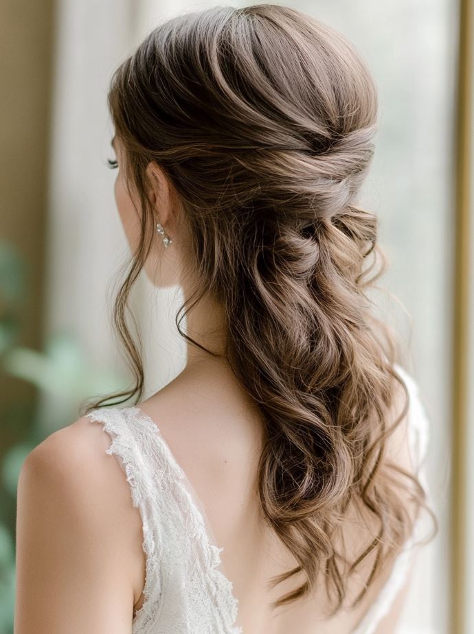 A bride with a half-up, half-down hairstyle, featuring a relaxed bun or twist on top and soft waves flowing below for a chic, romantic look.