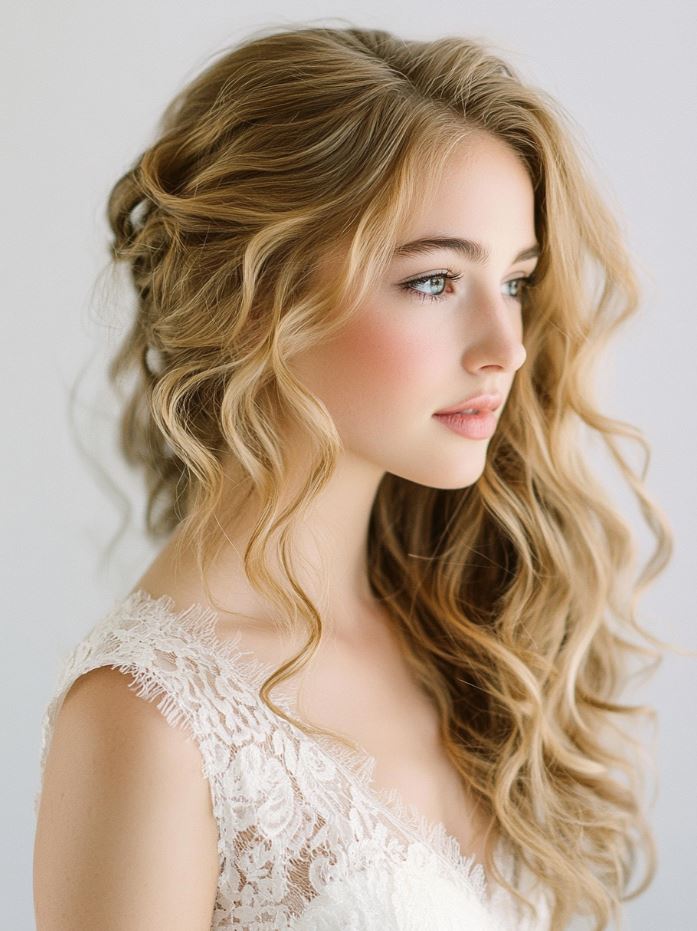 A bride with loose, tousled curls that add volume and movement, creating an effortless and romantic bridal look.
