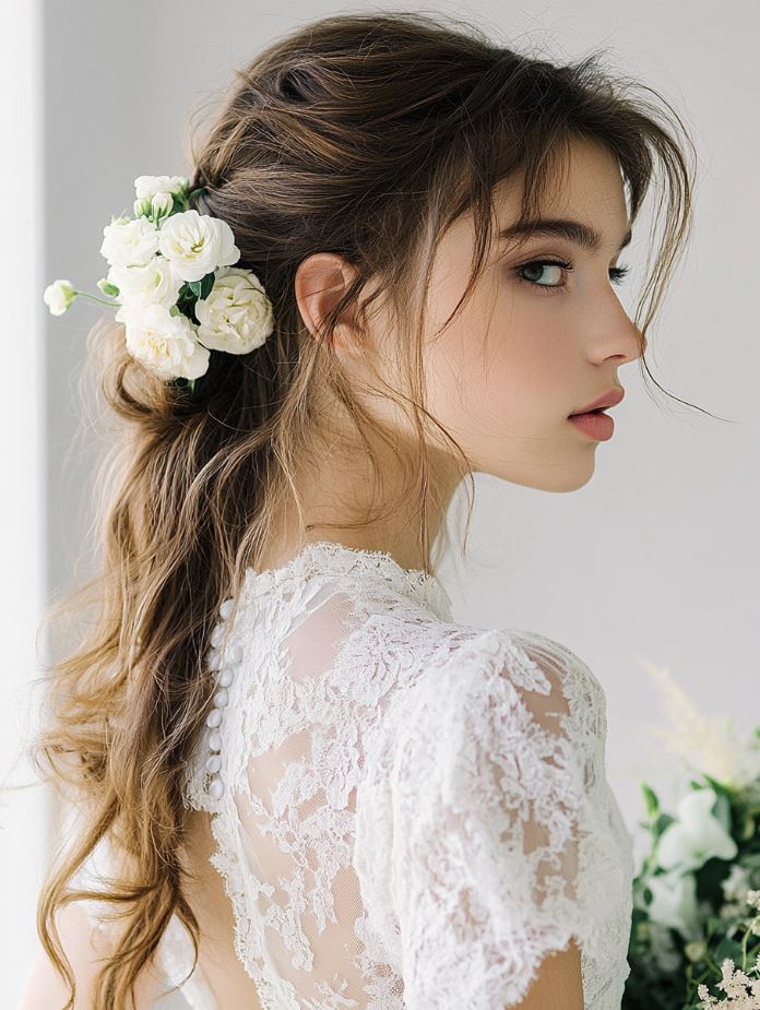 A bride with a messy ponytail, featuring tousled, voluminous hair that adds a playful yet sophisticated touch to her wedding look.