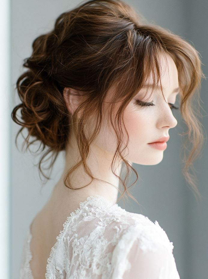 A bride with a messy chignon at the nape of the neck, paired with soft curls around the face for an elegant yet relaxed bridal look.