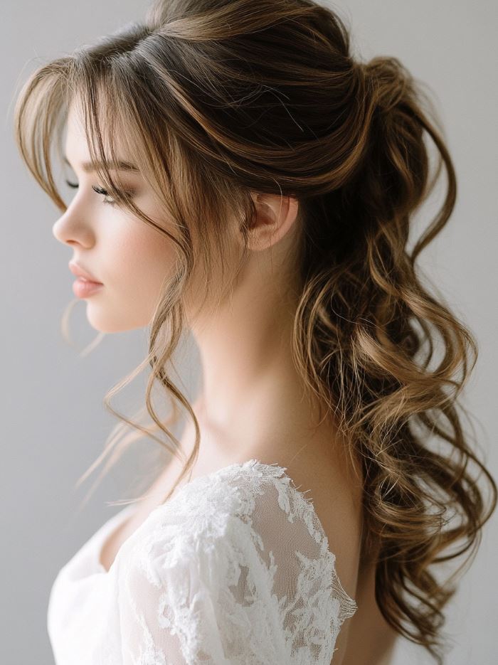 A bride with a messy, curled ponytail, offering a voluminous, playful bridal hairstyle with loose waves for a modern, chic vibe.
