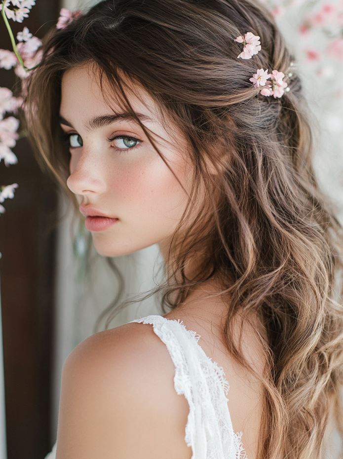 A bride with long, messy hair styled in loose curls or tousled waves, showcasing a relaxed, bohemian bridal hairstyle.