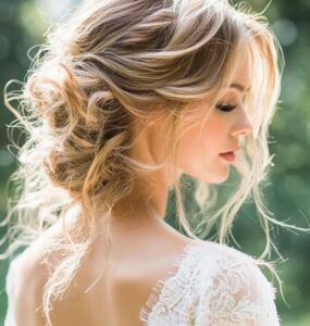 A variety of messy bridal hairstyles featuring loose curls, tousled waves, and relaxed updos, showcasing a carefree and elegant wedding day look.