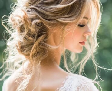 A variety of messy bridal hairstyles featuring loose curls, tousled waves, and relaxed updos, showcasing a carefree and elegant wedding day look.