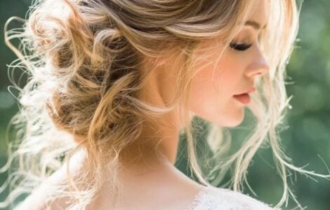 A variety of messy bridal hairstyles featuring loose curls, tousled waves, and relaxed updos, showcasing a carefree and elegant wedding day look.