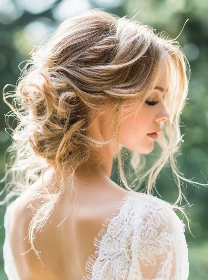 A variety of messy bridal hairstyles featuring loose curls, tousled waves, and relaxed updos, showcasing a carefree and elegant wedding day look.