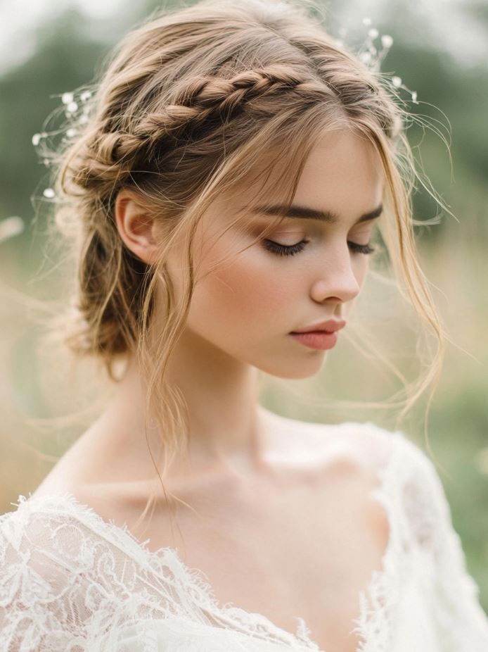 A bride with a messy halo braid that encircles her head, styled with loose, natural strands pulled out to create a romantic, bohemian bridal look.