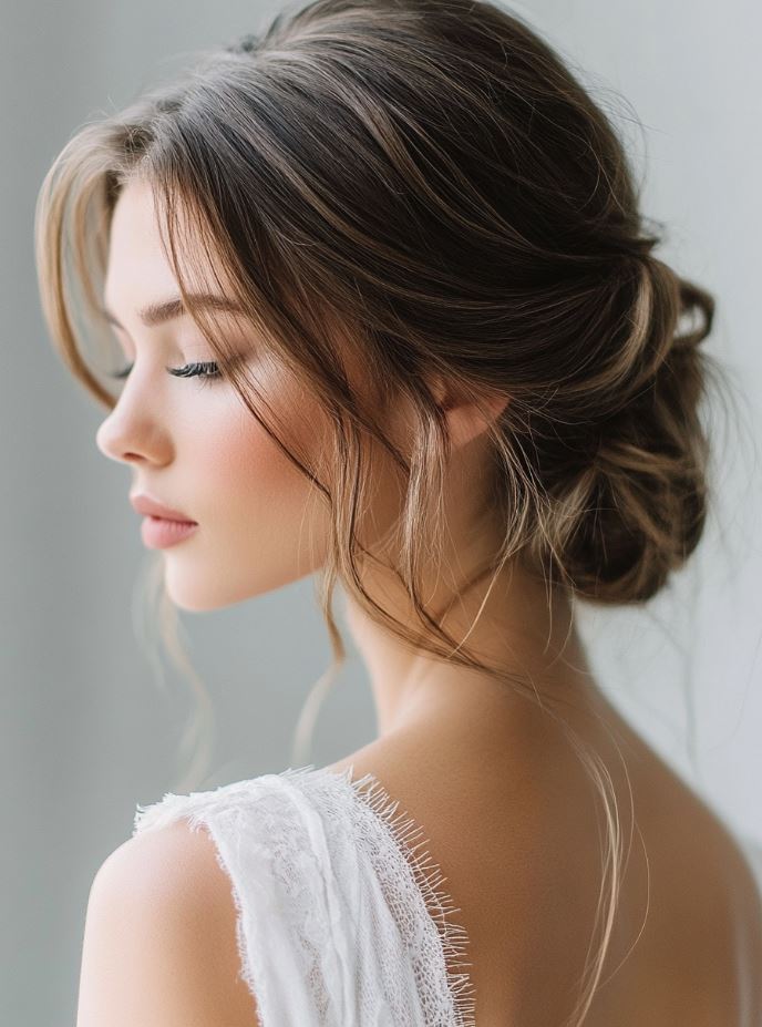 A bride with a messy low bun at the nape of her neck, featuring loose strands framing her face for a soft, romantic bridal look.