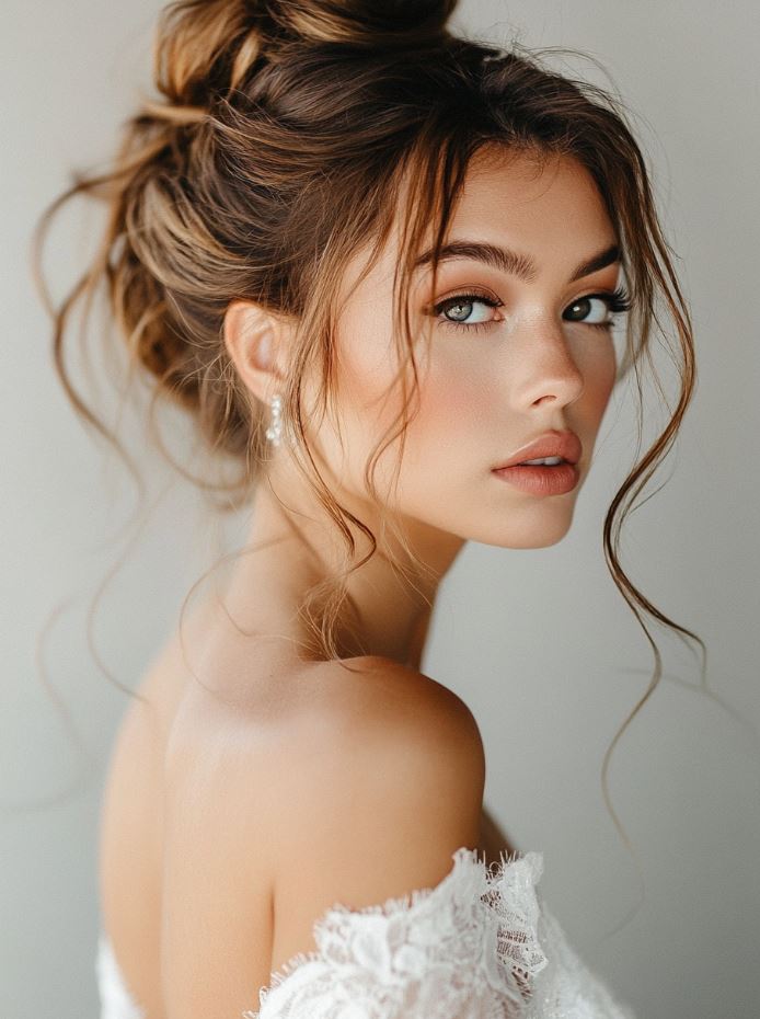 A bride with a messy side bun, styled with voluminous curls cascading down one shoulder for an elegant yet playful bridal hairstyle.