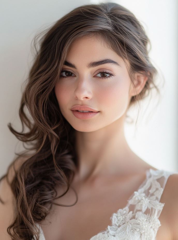A bride with side-swept waves cascading down one shoulder, featuring soft, messy curls for a romantic and chic bridal style.
