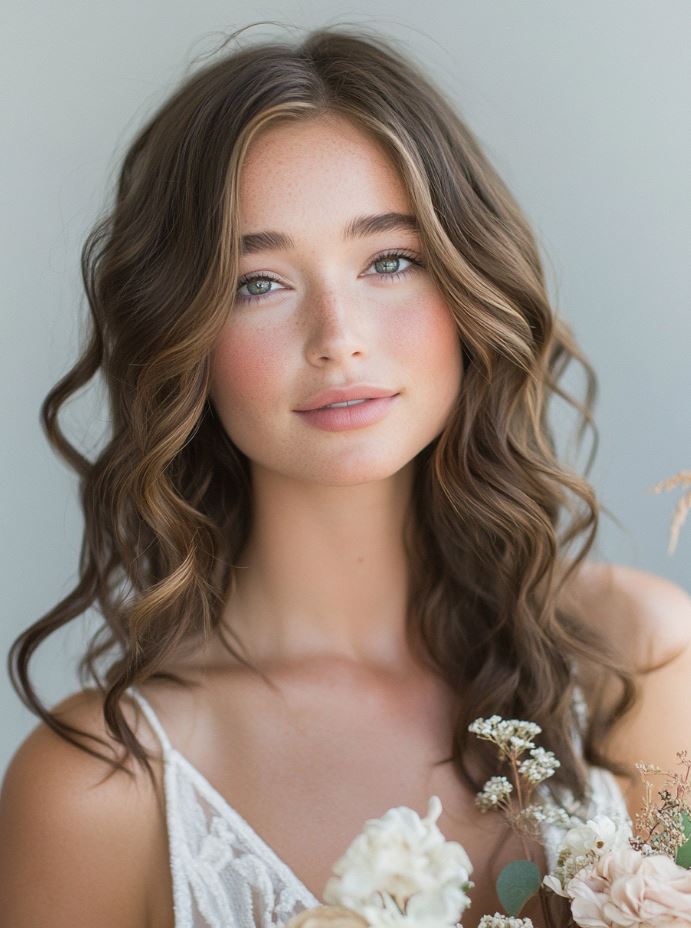 A bride with messy, textured waves in her hair, creating a relaxed, beachy bridal look with soft, tousled curls for a carefree vibe.