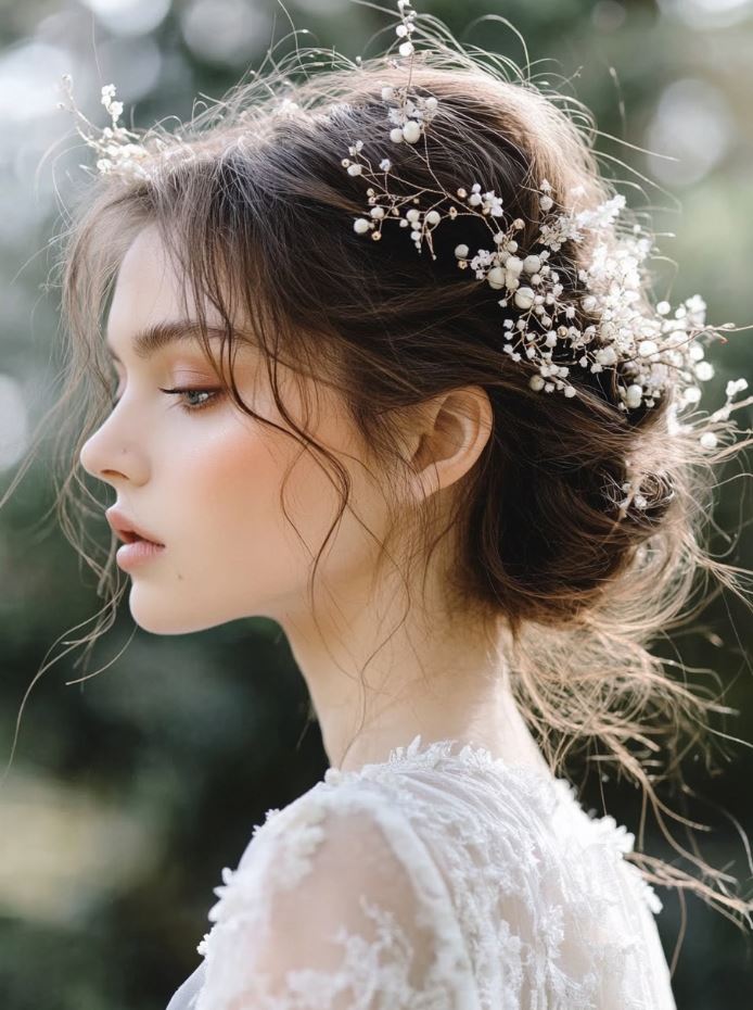 A bride with a messy, tousled updo featuring loose strands and textured volume, adorned with hair accessories like pins or flowers for a whimsical touch.