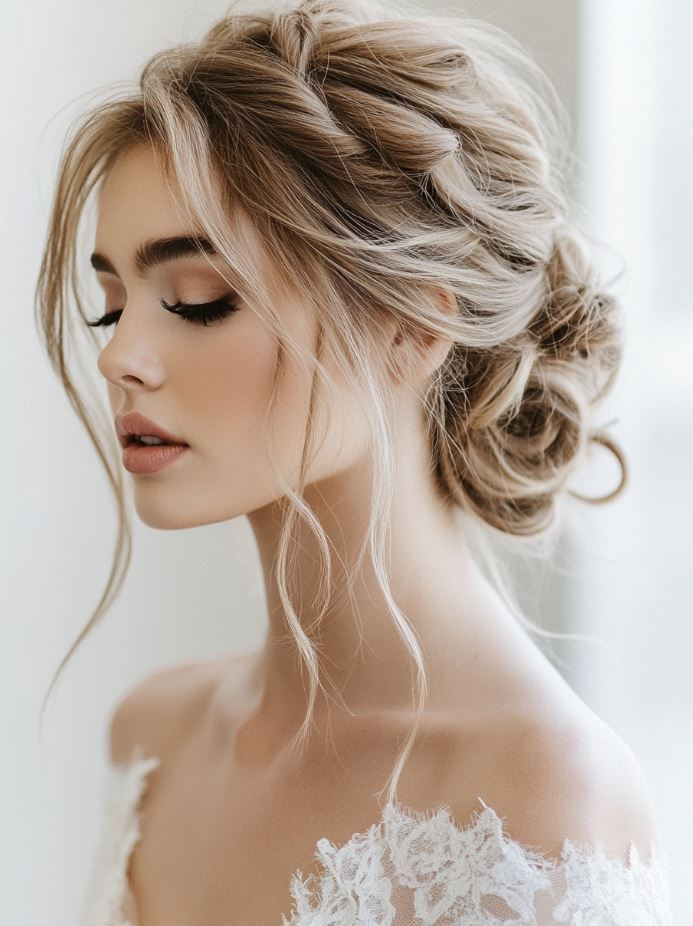 A bride with a messy twisted bun, where sections of hair are loosely twisted and pulled out to frame the face, creating a soft, elegant bridal look.