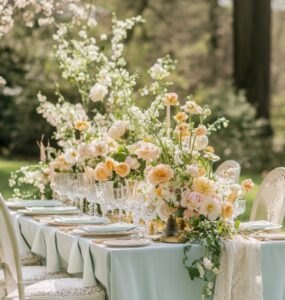 A beautifully decorated wedding table set in a garden, adorned with pastel flowers and elegant tableware, capturing the essence of spring wedding colors.