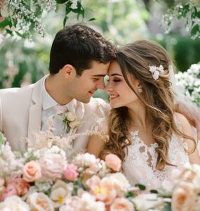 A bride and groom celebrate their spring wedding surrounded by lush florals and pastel decorations, capturing the beauty of the season.