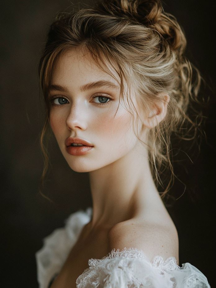 A bride with an undone French twist updo, incorporating volume and texture with loose tendrils around the face for an elegant, relaxed look.