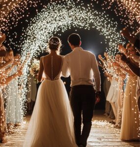 An elegant wedding couple exiting through an archway of lights, surrounded by cheering guests.