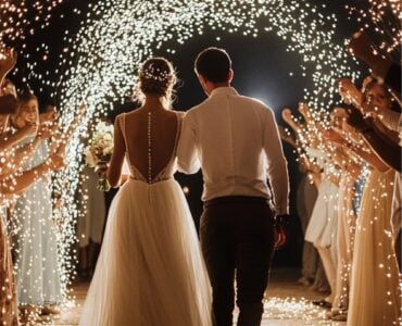 An elegant wedding couple exiting through an archway of lights, surrounded by cheering guests.