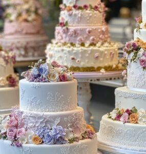 A display of elegant wedding cakes with various designs and flavors, showcasing colorful and intricate decorations perfect for any wedding theme.