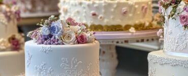 A display of elegant wedding cakes with various designs and flavors, showcasing colorful and intricate decorations perfect for any wedding theme.