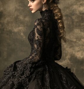 A bride in a black wedding dress.