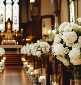 Elegant church interior decorated with white floral arrangements and candles along the aisle, complementing the traditional stained glass windows.