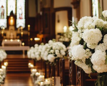 Elegant church interior decorated with white floral arrangements and candles along the aisle, complementing the traditional stained glass windows.