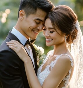A happy couple standing together on their wedding day, embracing in a scenic outdoor setting, symbolizing a beautiful and affordable celebration of love.