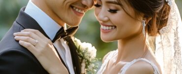 A happy couple standing together on their wedding day, embracing in a scenic outdoor setting, symbolizing a beautiful and affordable celebration of love.