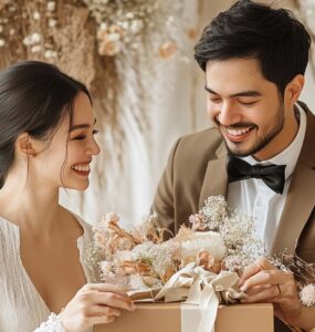 Image of a couple holding a wedding gift box, smiling happily as they unwrap a gift, with elegant floral decorations in the background.