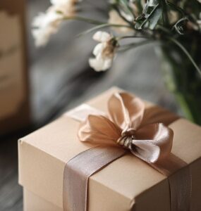 A beautifully wrapped gift box with a ribbon, placed on a table alongside a handwritten anniversary card.
